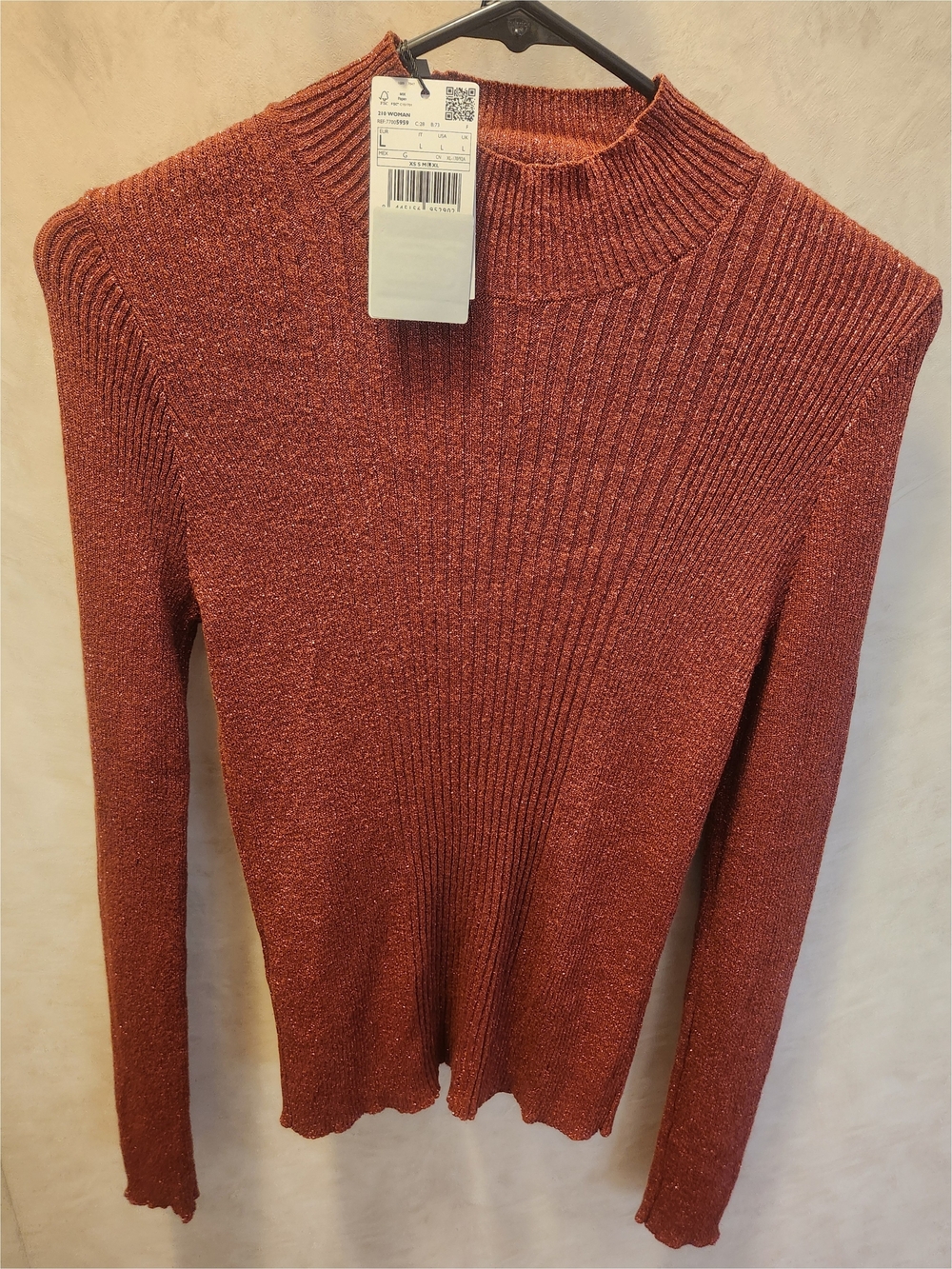 Mango Ribbed Metallic Mock-Neck Sweater in Rust